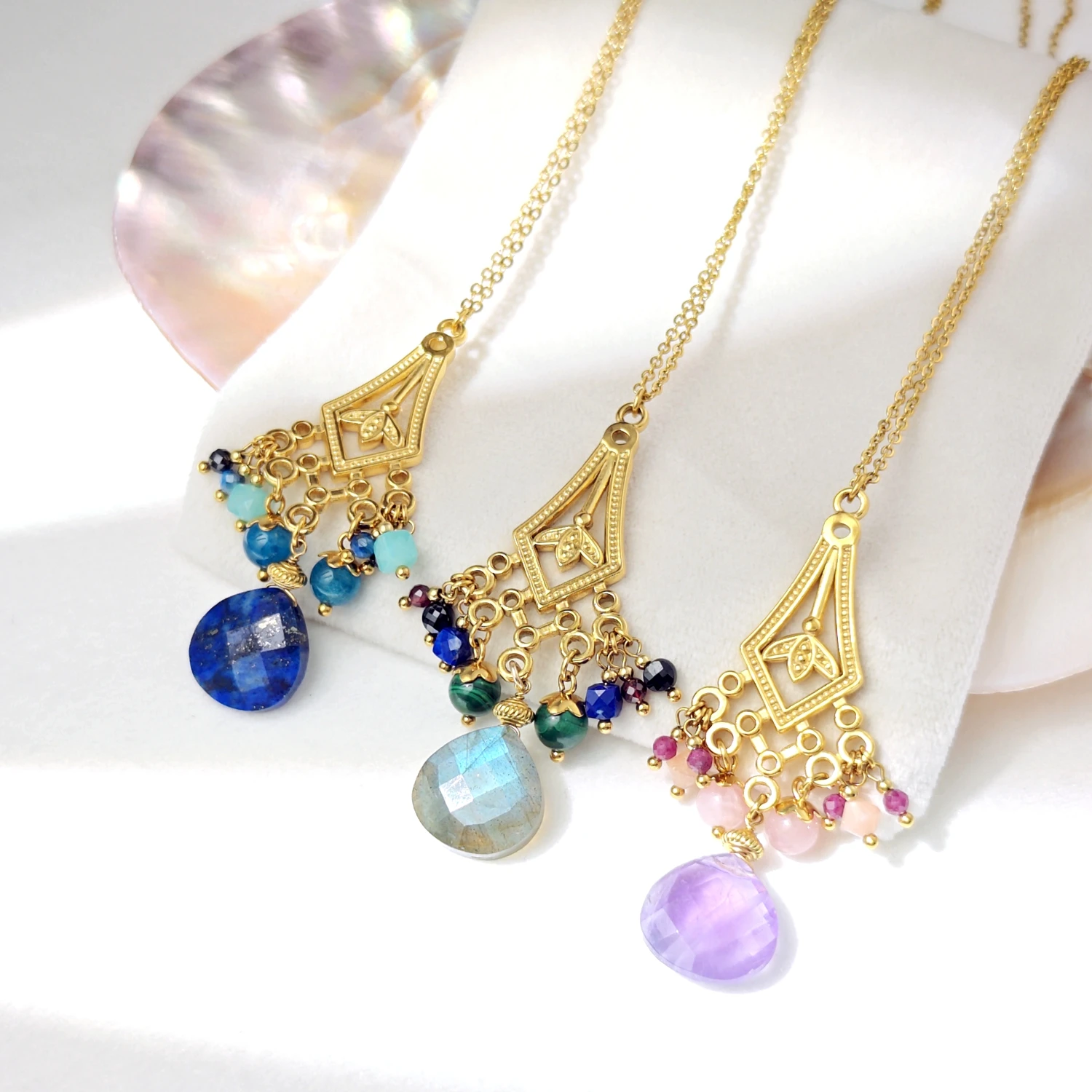 

Lii Ji Multi Stone Pendant Necklace 75cm Gold Stainless Steel Adjustable Chain Necklace Handmade Jewelry