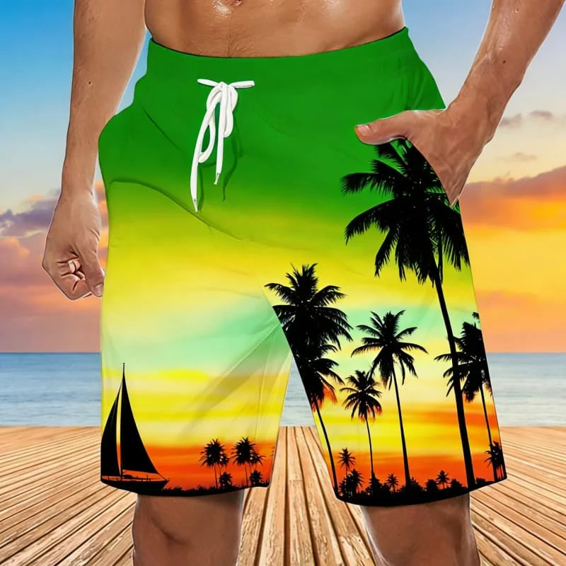 

Men's Dreamy Gradient Scenery Casual Shorts, Tropical Island Graphic for Beach Trip, Summer Holiday & Relaxing Daily Wear
