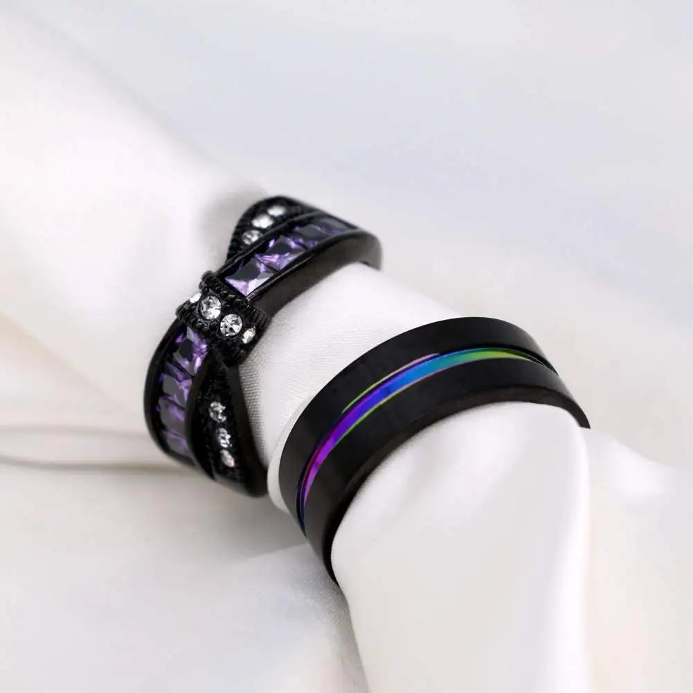 خواتم زوجين للرجال والنساء ، لون ذهبي أسود ، خاتم زواج من الزركون الأرجواني ، خاتم فولاذ التيتانيوم ، خاتم زفاف ، هدايا مجوهرات #4