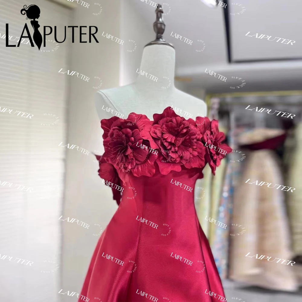 Hand-Made 3D Flowers Burgundy Long Prom Dresses off Shoulder Satin A line Dark Red Evening Gown Long Sleeves Woman Formal Dress