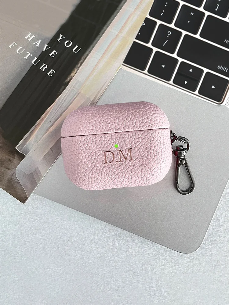 Customized Initials Letters DIY Earphone Case For Airpods 1 2 3 Pro 2 Luxury Lychee Skin Pattern With Keychain