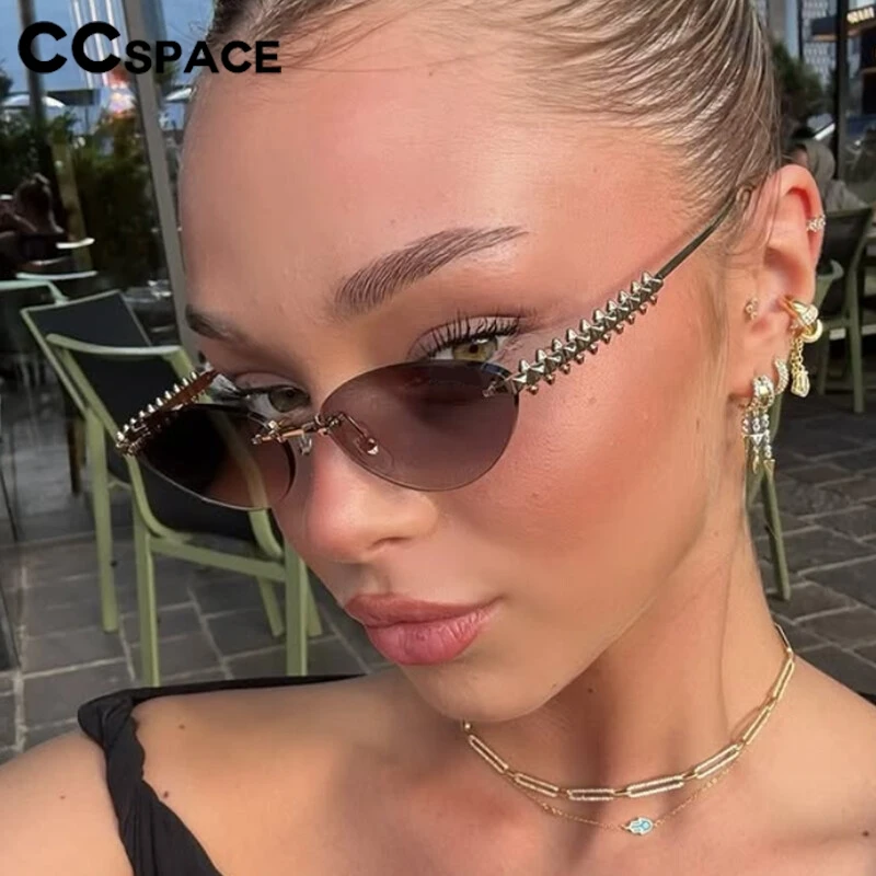 

New Fashion Luxury Designer Cat Eye Metal Rimless Sunglasses Women Gold-tone Rivets SunGlasses UV400 Sunscreen Eyewear