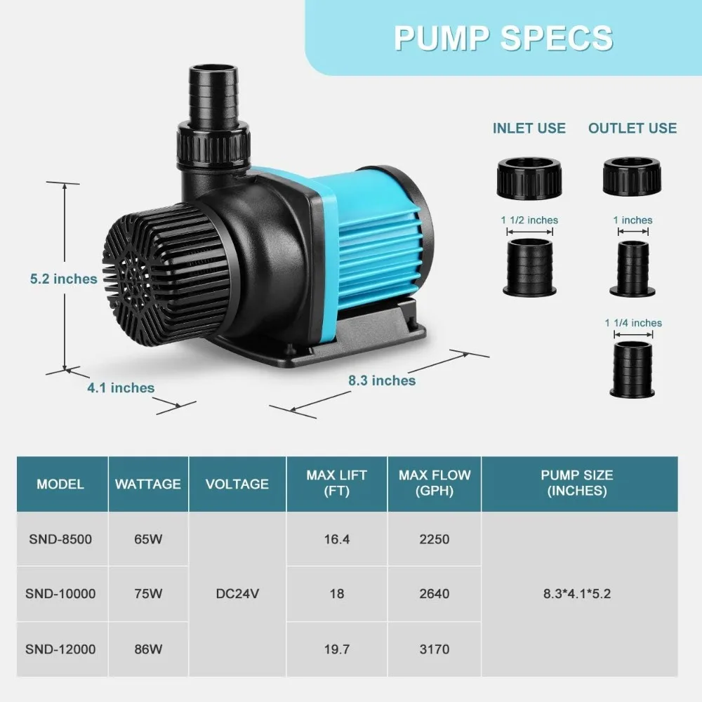 JEREPET 수족관 컨트롤러 포함 워터 펌프, 18FT 리프트, 잠수정, 2640GPH, 75W, 24V DC