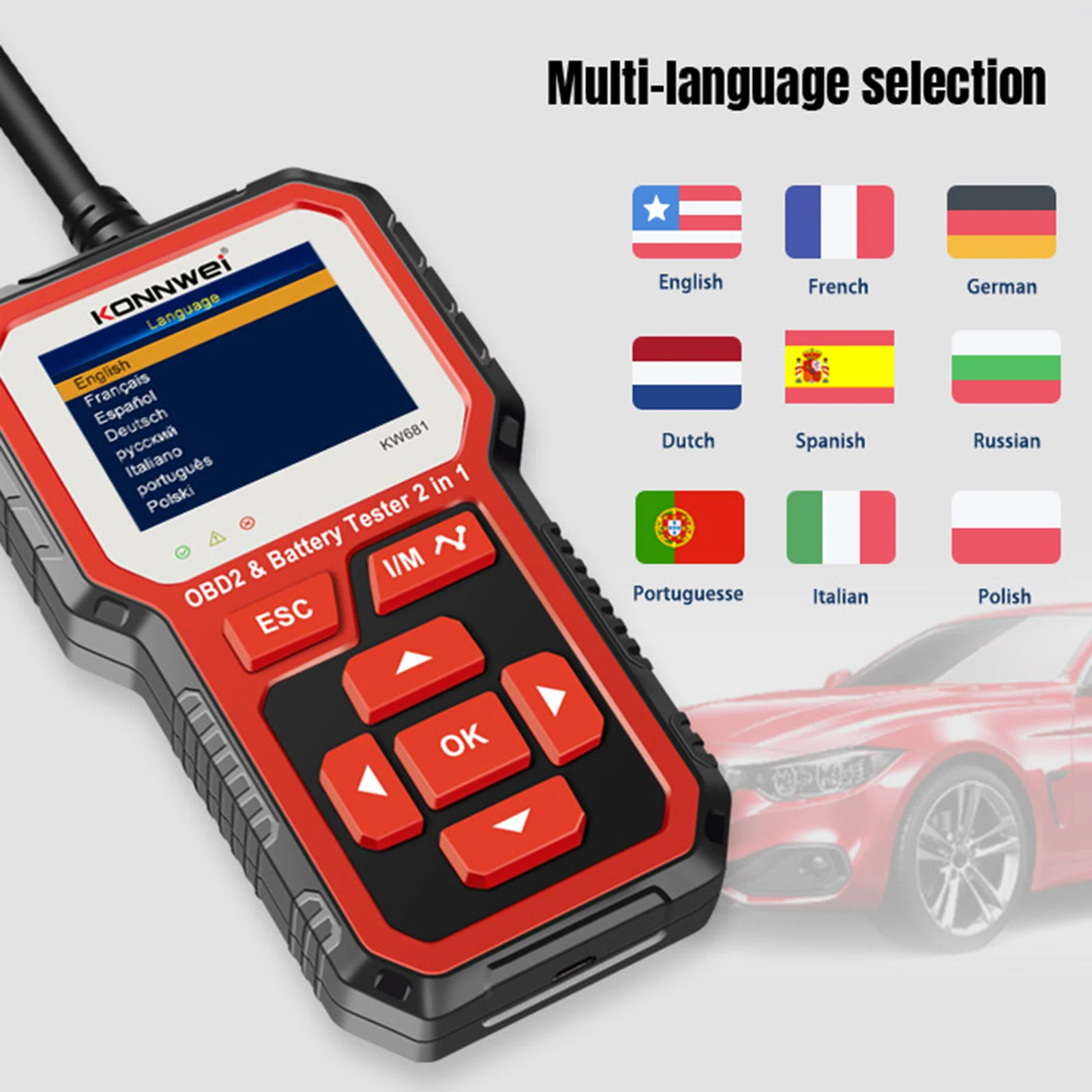 KONNWEI KW681 Car&Motrocycle Battery Tester & OBDII Diagnostic Scanner Tool 2 in 1