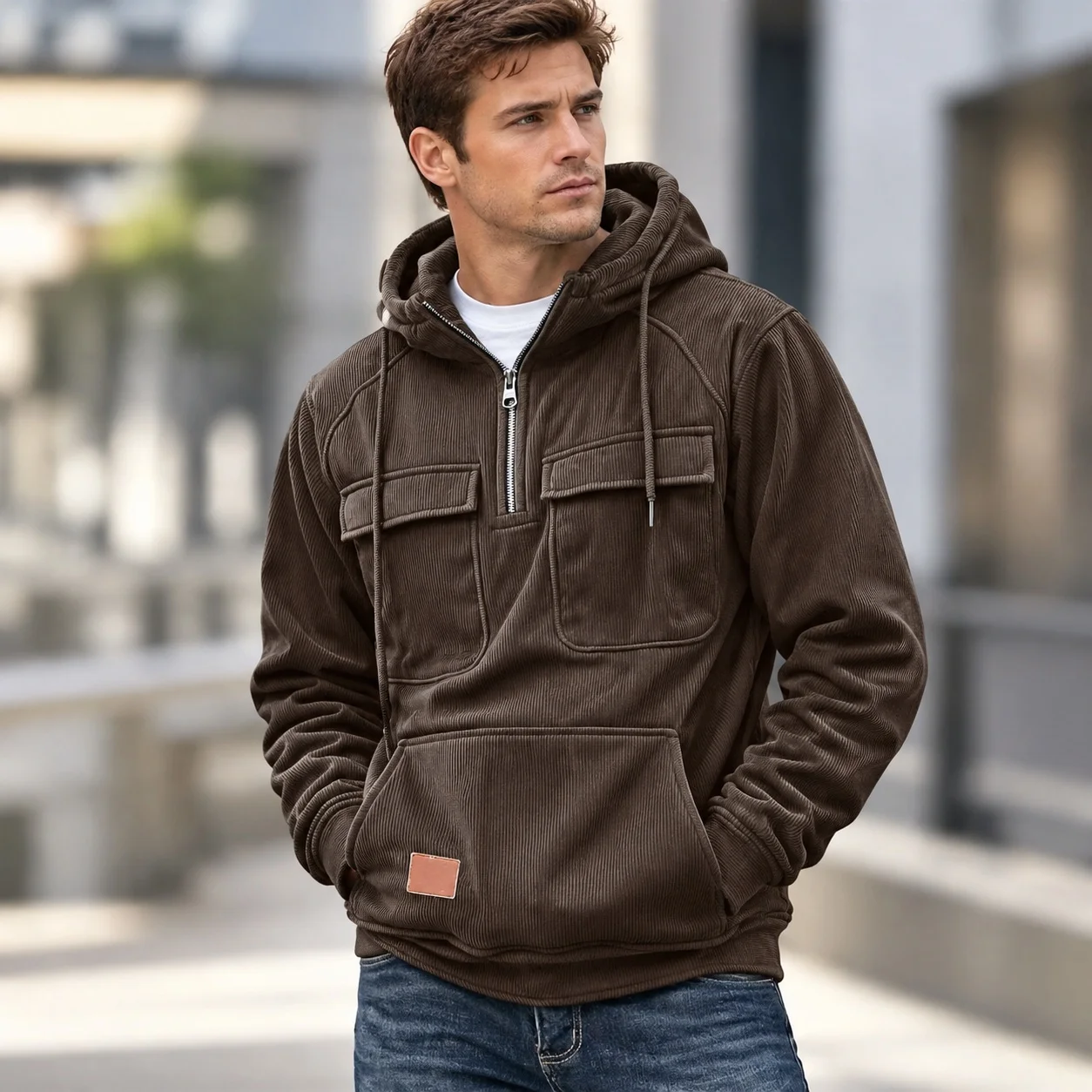 Hooded Pockets Set Fitted with Zipper and Collar Men Jacket for European and American Urban Style Autumn Multiple Pocket Jacket