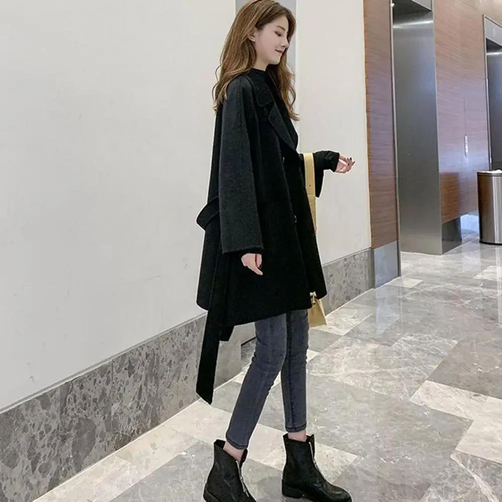 

Mid-length Coat Stylish Double-breasted Woolen Jacket for Women Chic Outerwear for Work Outdoor Activities Fall Winter Solid