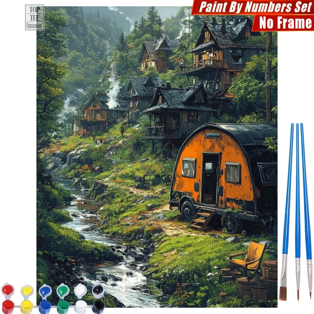 

Peaceful Mountain Cabin Painting By Numbers Kit - Babbling Brook Caravan Home Activities Easter Gift For Husband