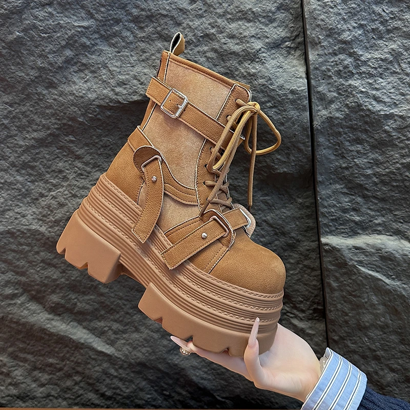 Осенне-зимние женские ботинки-гладиаторы, кожаная обувь в стиле панк на массивном каблуке, мотоциклетные ботинки с пряжкой, готические ботинки «Челси Mujer Zapatos», 10 см