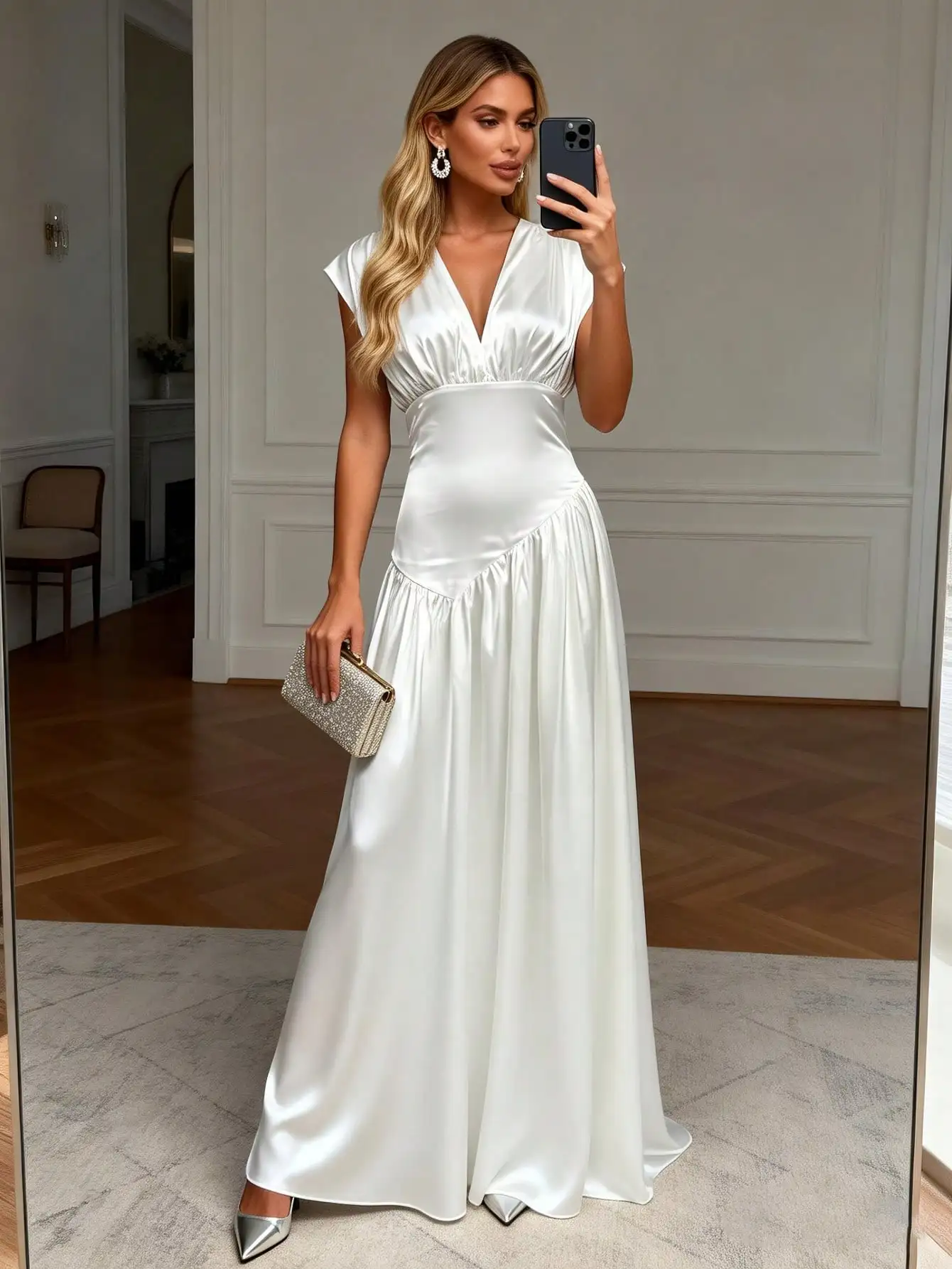 

Elegant White Satin V-Neck Maxi Dress with High Slit and Back Zipper