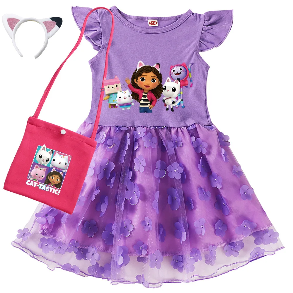 Vestidos Gabbys Dollhouse Clothes Kids Cartoon Gabby Chat Dress Baby Girls Summer Short Sleeve Casual Dresses and Bag & Headband