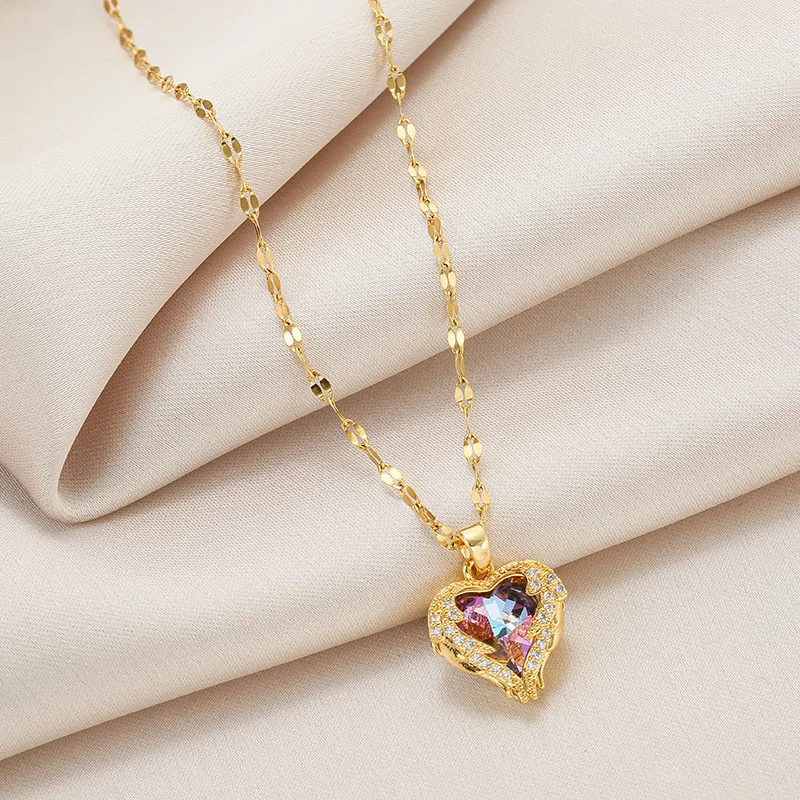 Luxury Zircon Crystal Heart Of Ocean Pendant Stainless Steel Necklace For Women Korean Fashion Female Wedding Jewelry Neck Chain