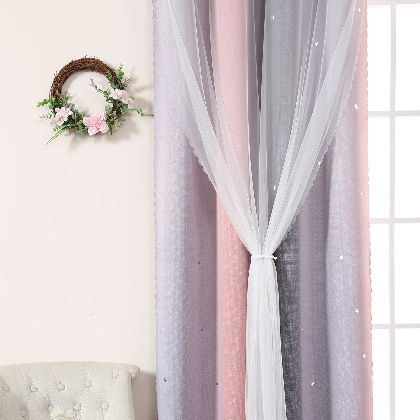 Grey and Pink Gradient Hollow Out Stars Perforated Curtains, Girls Bedroom Living Room Semi-Blackout Decorative Curtains