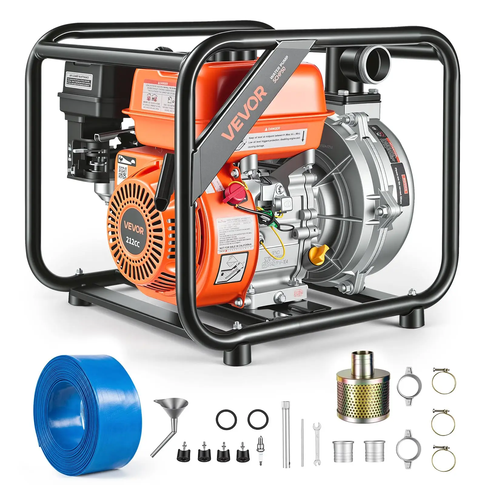 Gas Powered Water Pump, 2 in, 128 GPM 6HP Semi Trash Water Transfer Pump Portable,  Engine with 25 ft Discharge