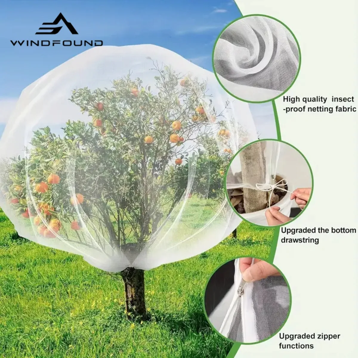 Anti-Insect Bird Mesh Bag for Fruit Trees, Drawstring Plant Net Cover with Zipper, All-Weather Frost Sun Protection Netting