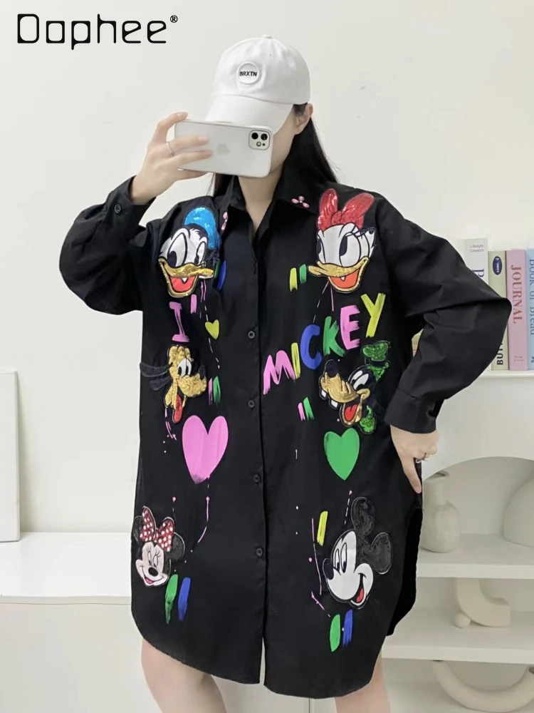 Cartoon Printed Sequined Graffiti Shirt for Women 2024 Spring and Summer New Mid-Length Loose Long Sleeve Black Shirts Female