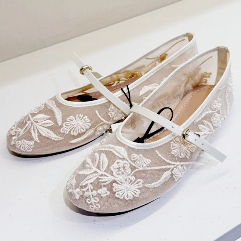 Embroidery Pearl Mesh Ballet Flats Women Fashion Hollow Round Toe Flat Sandals Elegant Comfortable Belt Buckle Mary Jane Shoes image 6
