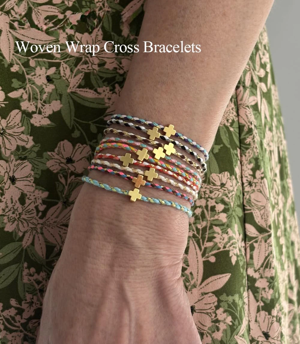 

9-Piece Set Handwoven Cotton Rope Copper Cross Adjustable Bracelets Multi-Color Gift Idea for Family And Friends