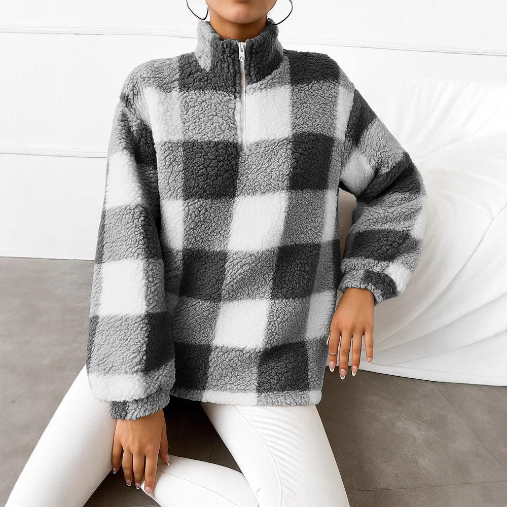 

2025 New women's casual stand-up collar zipper long-sleeved pullovers, solid color checkered plush warm home sweatshirt