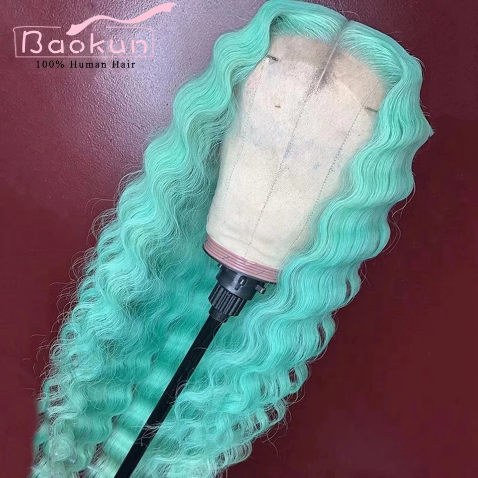 Pre Geplukt 13X4 Ombre Blue Lace Front Menselijk Haar Pruiken Gekleurde Mintgroen 180 Dichtheid Transparante 13X6 Hd Diepe Golf Frontale Pruik