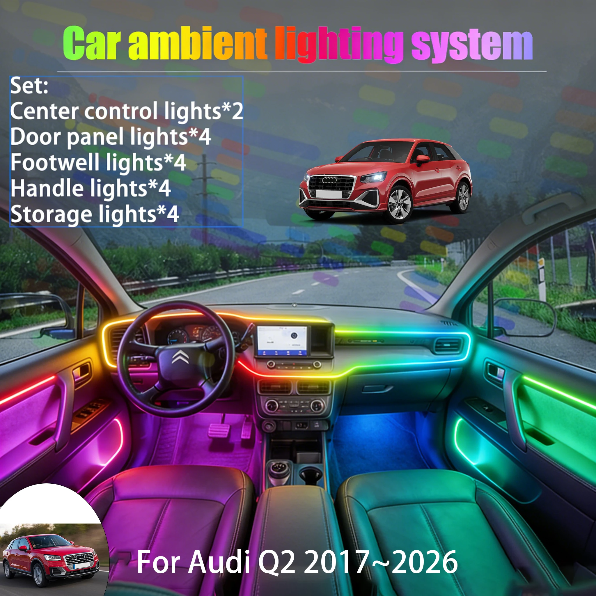 

Для Audi Q2 2017-2026: Комплект светодиодной подсветки салона и багажника 2-в-1, USB RGB, с эффектом бегущих огней, аксессуары