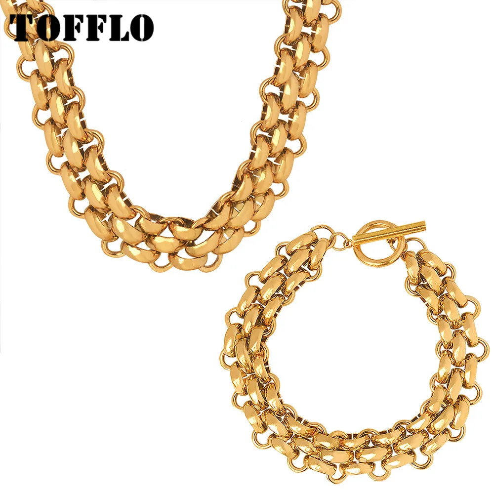 

TOFFLO Stainless Steel Jewelry Thick Chain Set Metal Exaggerated Bracelet Necklace Neutral Style Set BSP1441-E398