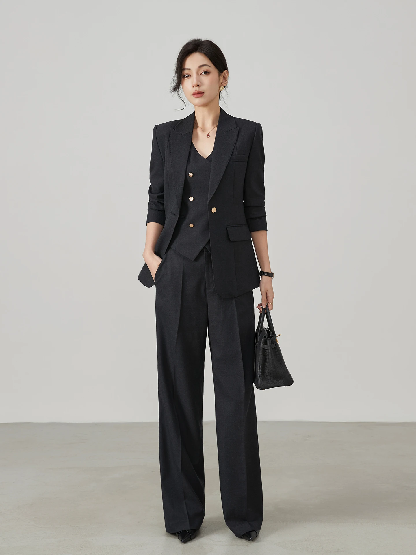 

Зимний шерстяной костюм-тройка с металлическими элементами, профессиональный деловой комплект для встреч, формальная одежда для женщин, деловой стиль