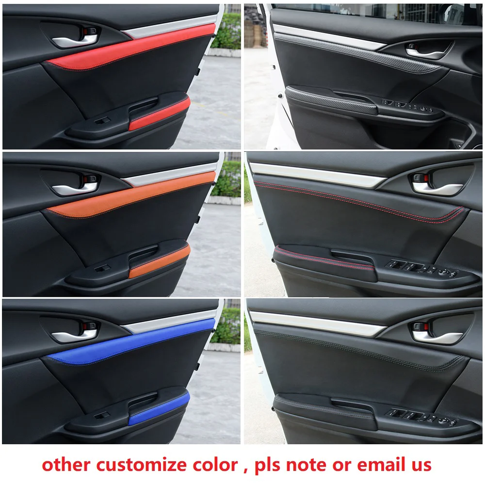 4Pcs Black Microfiber Leather Door Armrest Panel Covers With Carbon Fiber Edge Trim Fits Honda Civic 10th Gen 2016‑2017 4