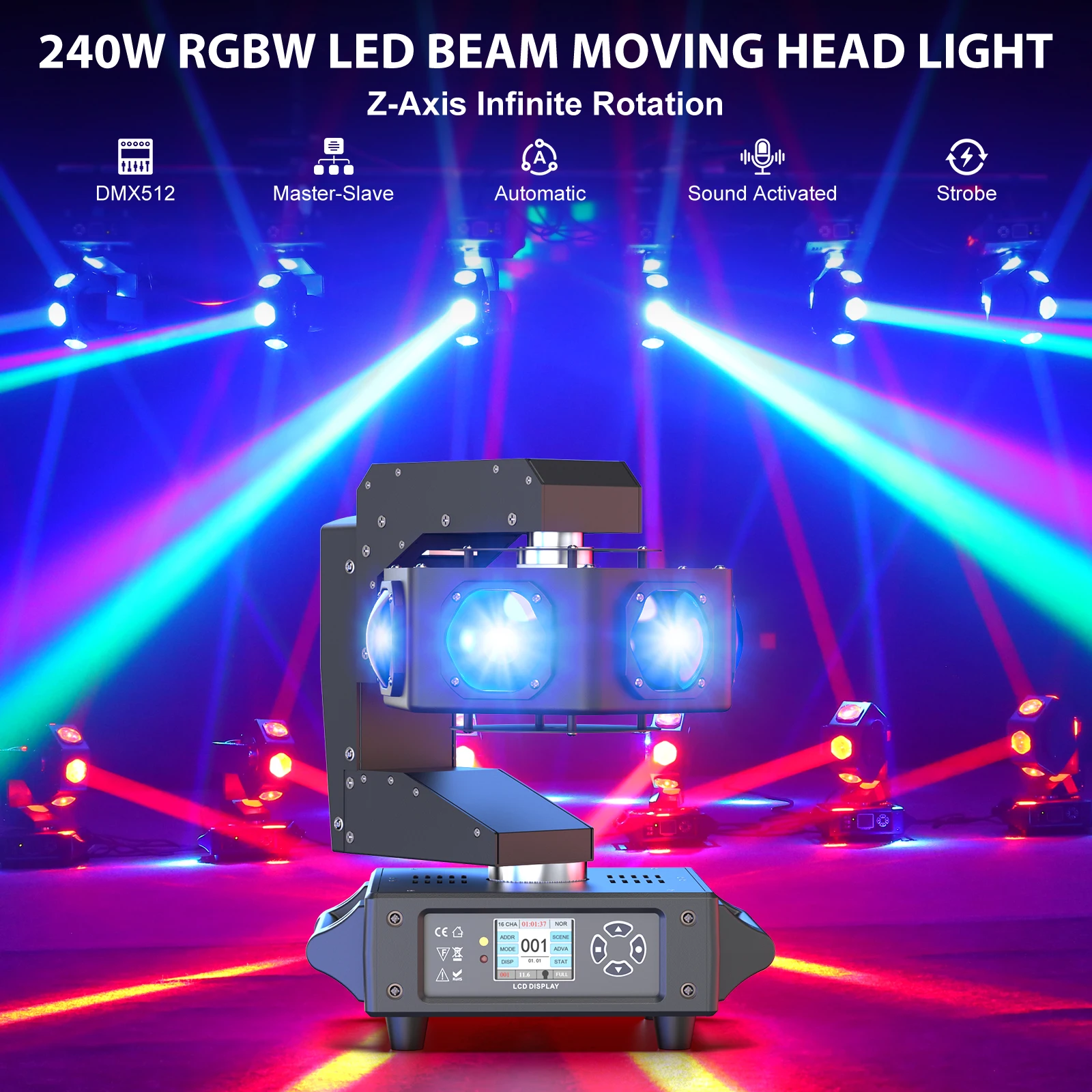 Yiflamefly 240W Beam Moving Head Lights 6LEDs RGBW 360° Rotating DJ Light DMX512 Stage Lights For Disco Wedding Party Live Show