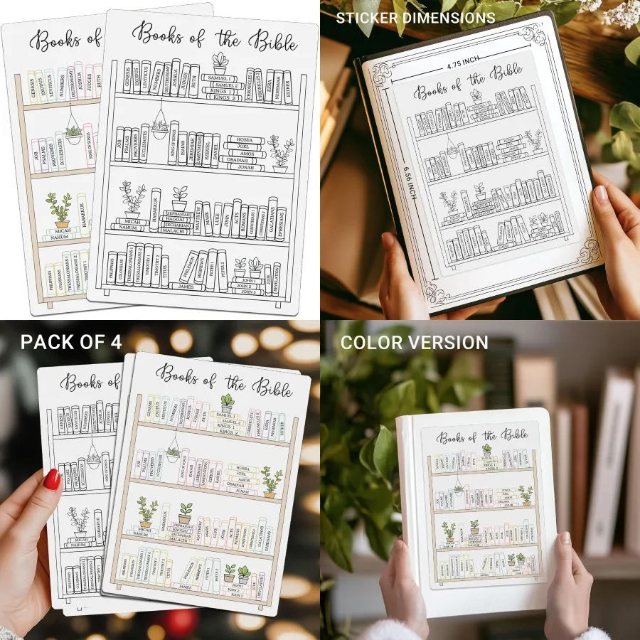 

4 x Books of the Bible Book Shelf Tracker Dashboard Sticker Bible Reading Tracker with Chapter Log Includes 2 Black and White a