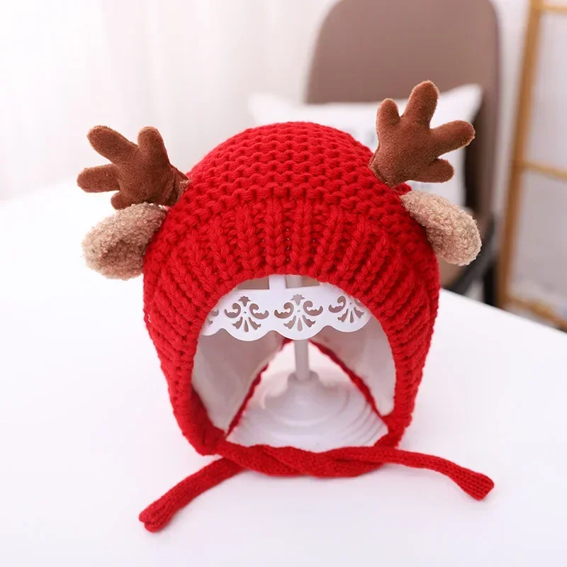 New Kids Fall Winter Warm Knitted Woolen Hat Christmas Unisex Antler Cap Earmuffs Hat Pink/Red/Coffee/Green/Yellow