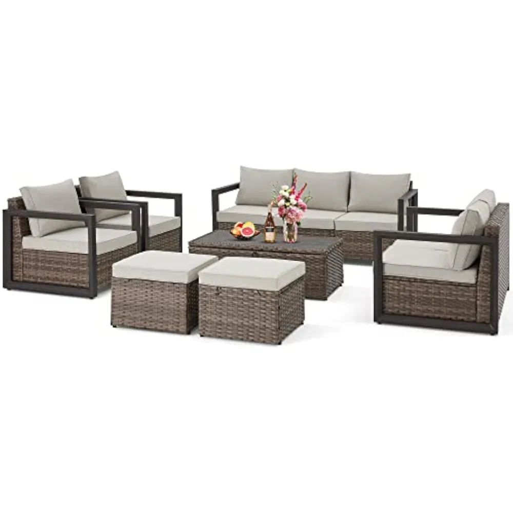 

Aluminum Patio Furniture Set, 7 Pieces Outdoor Furniture, PE Rattan Sectional Sofa Set with Storage Table, Modern Patio Convers