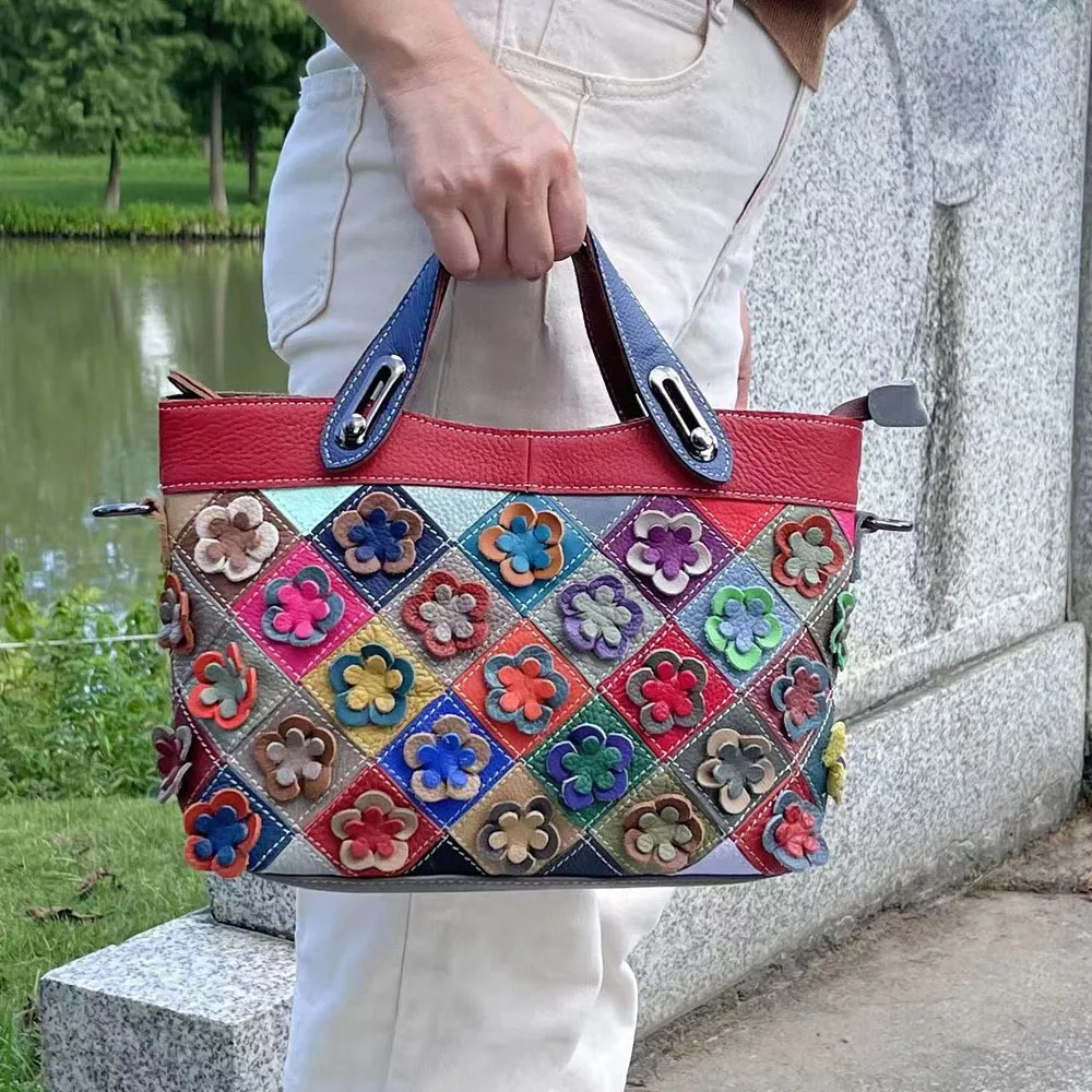 Floral Women Genuine Leather Handbag 3D Flower Patchwork Real Cow Leather Tote Bag Fashion Ladies Shoulder or Satchel Bags