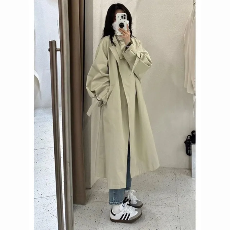 

Spring Autumn New Stand-Up Trench Coat Women's Fashion Tren Loose Mid-Length Over The Knee Solid Color Coat Simple Commute