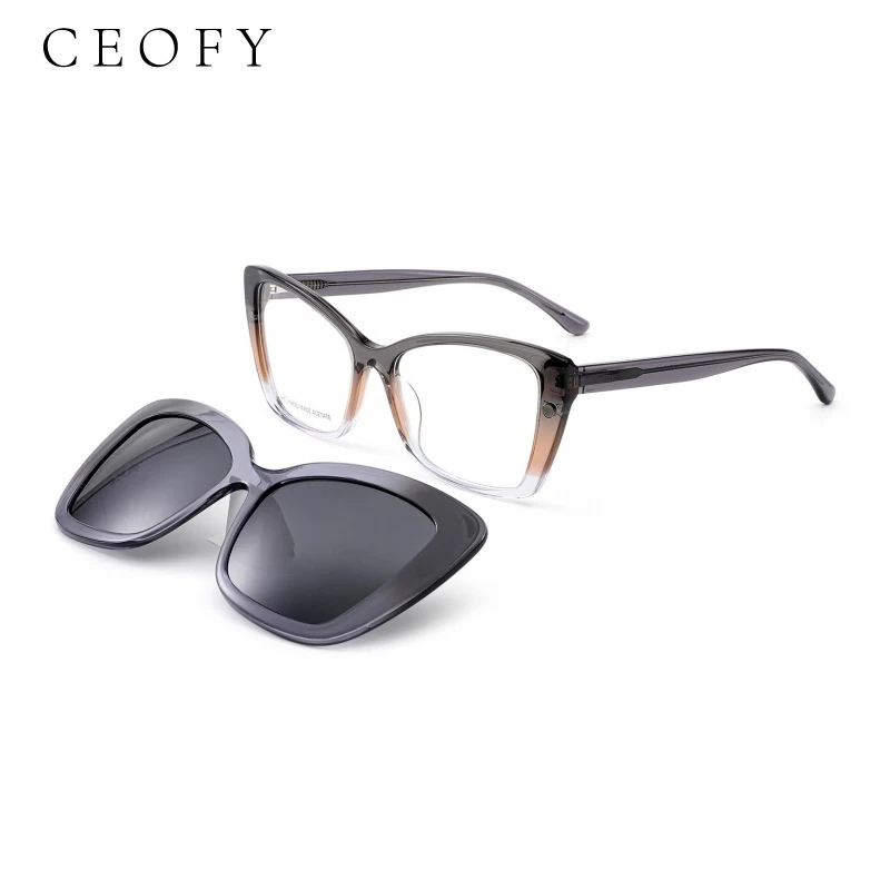 Ceofy acétate femmes lunettes oeil de chat cadre optique Prescription rétro 2 en 1 lunettes de soleil polarisées lunettes cadre femmes grande taille