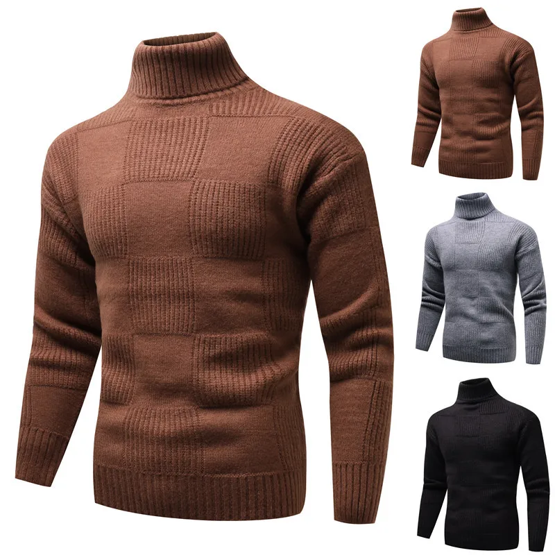 

Korean Slim Solid Plaid Turtleneck Sweaters Mens Winter Long Sleeve Warm Knit Sweater Rollneck Pullovers Casual Bottoming Shirt