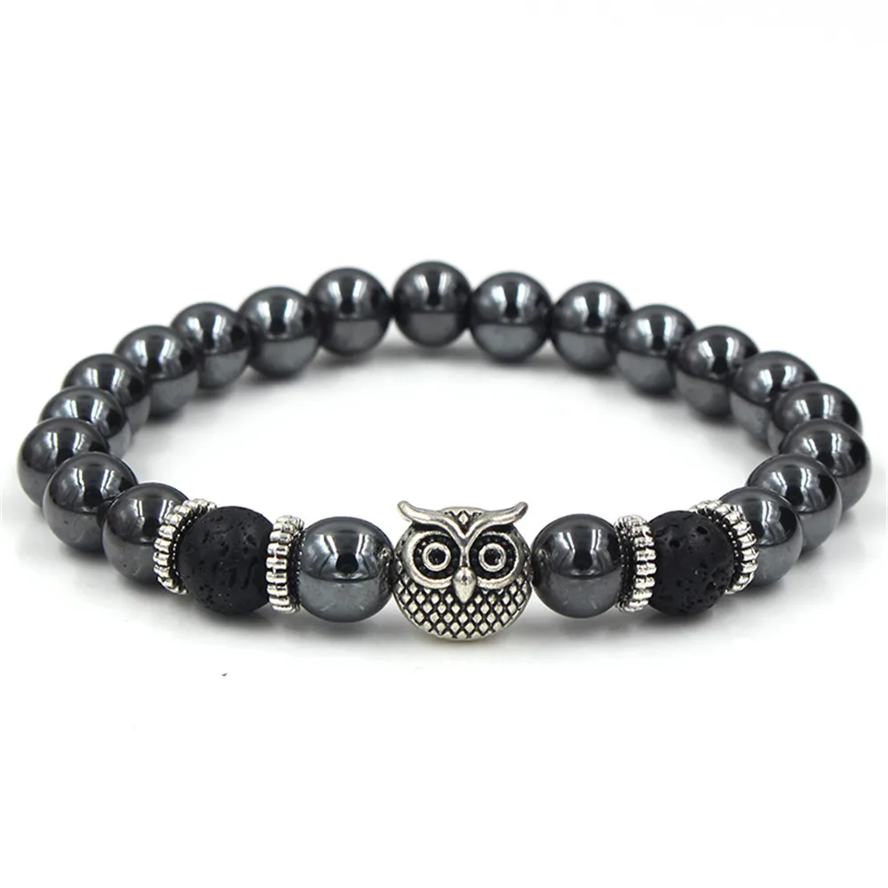 

Vintage Natural Stone Beads Owl Bracelets For Men Women Lava Volcanic Stone Bangles Charm Strand Elastic Energy Yoga Jewelry