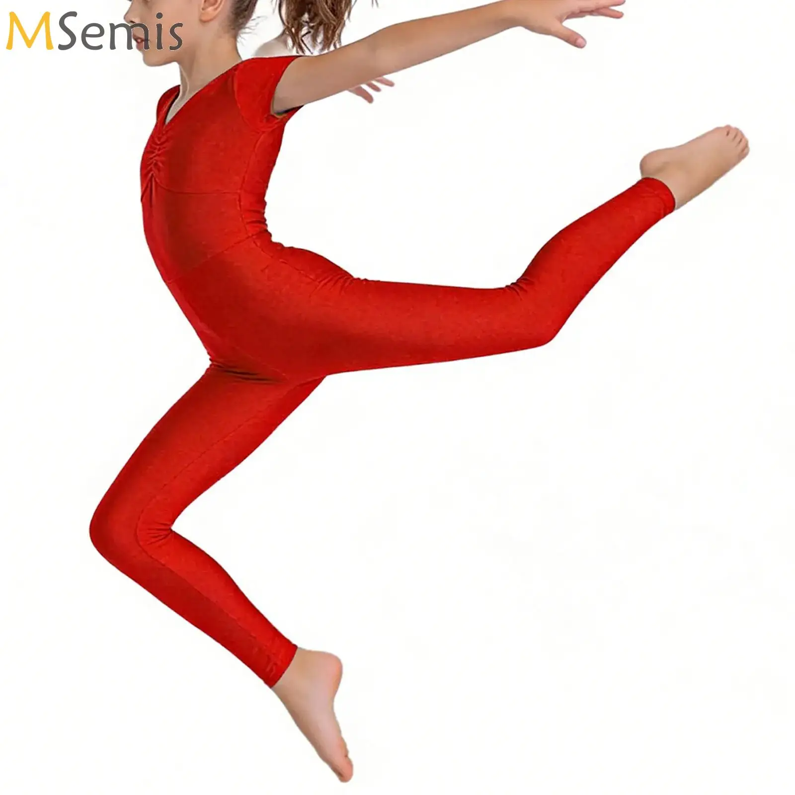 

Kid Girls Ballet Dance Unitard Jumpsuit Figure Skating Gymnastics Leotards Dance Acrobatics Bodysuit Costume Ruched Front Tights