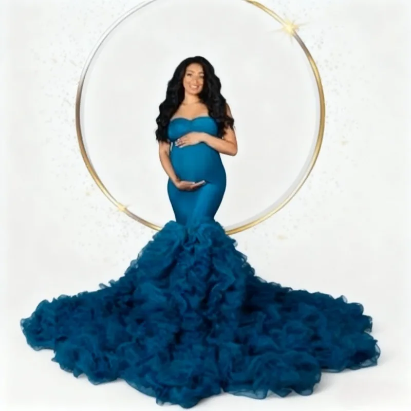 

Royal Blue Mermaid Maternity Gown Photography Dress - Strapless Stretch Ruffled Tulle Babyshower Gown for Maternity Photoshoot
