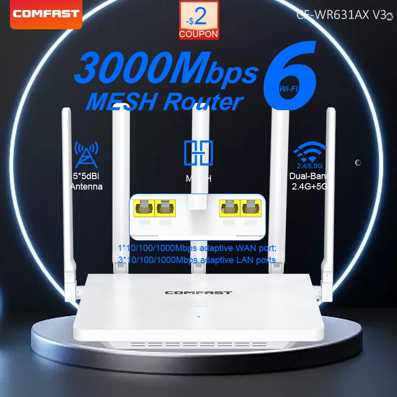 

Comfast 3000Mbps Wifi6 Mesh System Wireless Router Dual Band WI-FI 6 Mesh Router Wide signal Range Wifi Range Extender