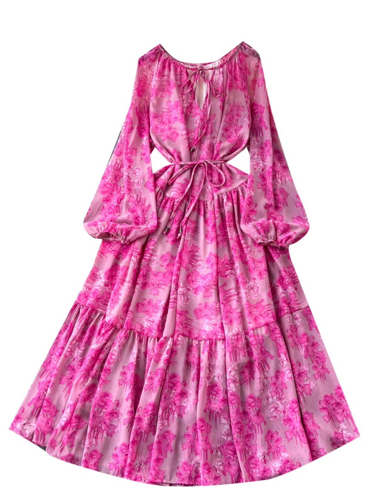 ロマンチックな花柄プリントロングドレス レディース ランタンスリーブ タイデザイン ハイウエスト Aラインスカート 韓国風サマードレス