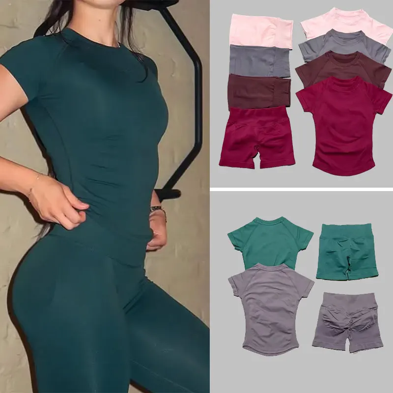 2-teiliges Impact-Sport-Set, kurzärmelig, nahtlos, Yoga-Top, Fitness-Set für Damen, Workout, Laufen, Sport-Shorts, Fitnessstudio-Anzug