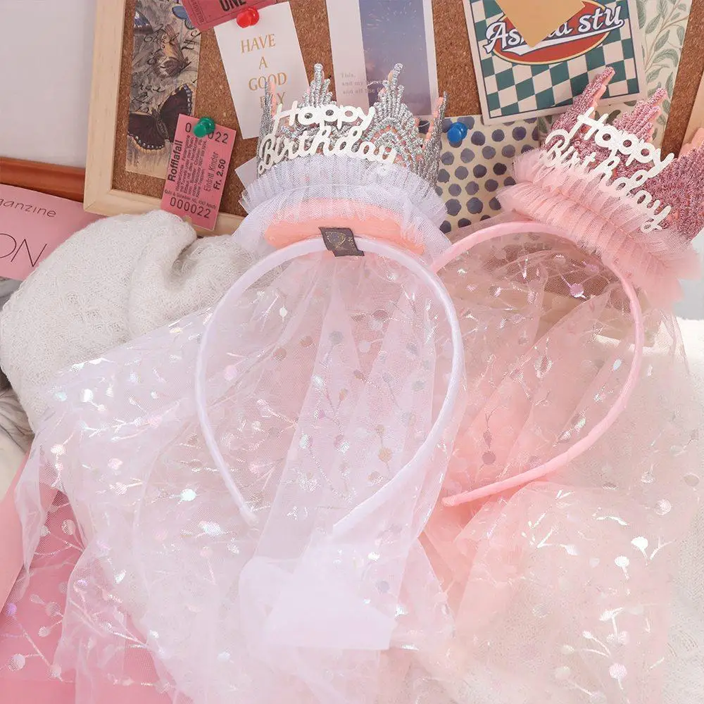 Korean Style Crown Gauze Headband Headwear Hair Accessories Happy Birthday Hairband Headdress Party Props Crown Hairband Baby