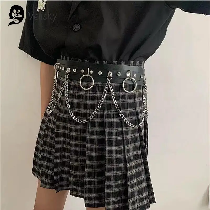 Faux Leather Metal Circle Chain Tassel Waist Belt Punk Gothic Body Accessories