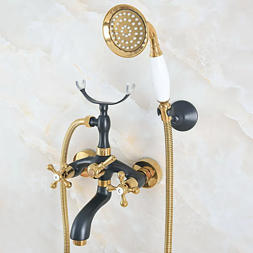 Black Oil Rubbed & Gold Brass 2 Handle Wall Mount Bathroom Bath Tub Faucet Set with 1.5M Hand Held Shower Spray Mixer Tap 2na580