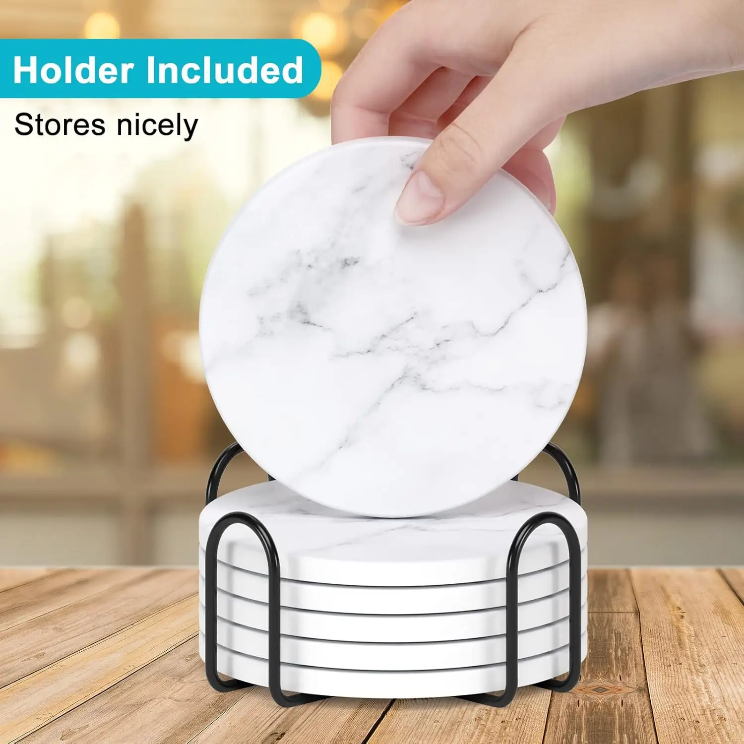 1/6 Pcs Ceramic Coasters Marble Style with Holder Absorbent Drink Coaster for Kinds of Cup Bar Kitchen Wooden Dining Table Decor