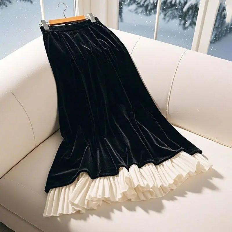 

2025 Spring Fall Women Stretchy Ruffles Patchwork Black Long Velvet Skirt , Female Slim Vintage Velour Skirts