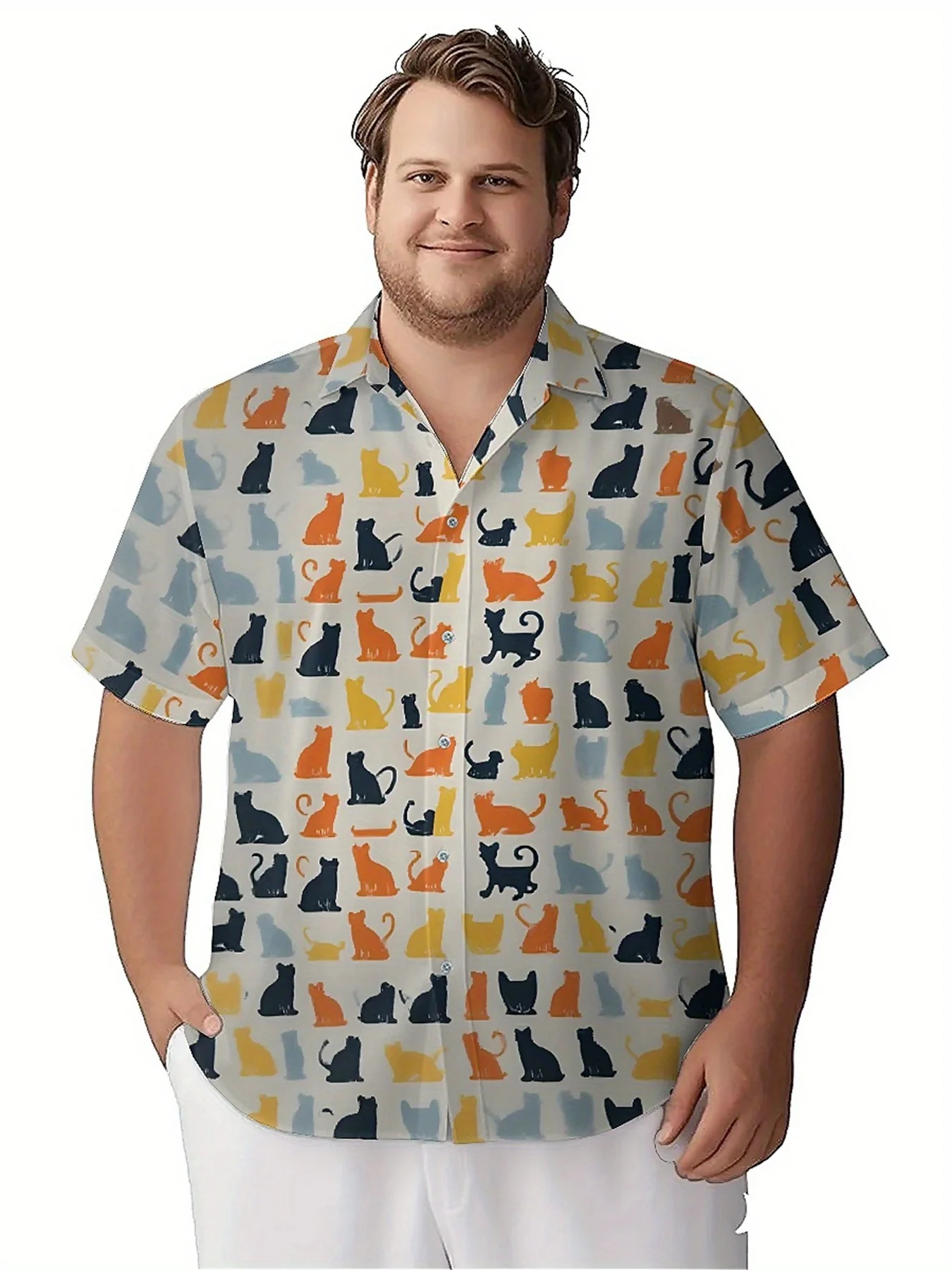 Kemeja Hawaii Ukuran Besar Pria Pola Kartun Kucing, Atasan Fashion Musim Panas Baru, Pakaian Jalanan Hip Hop