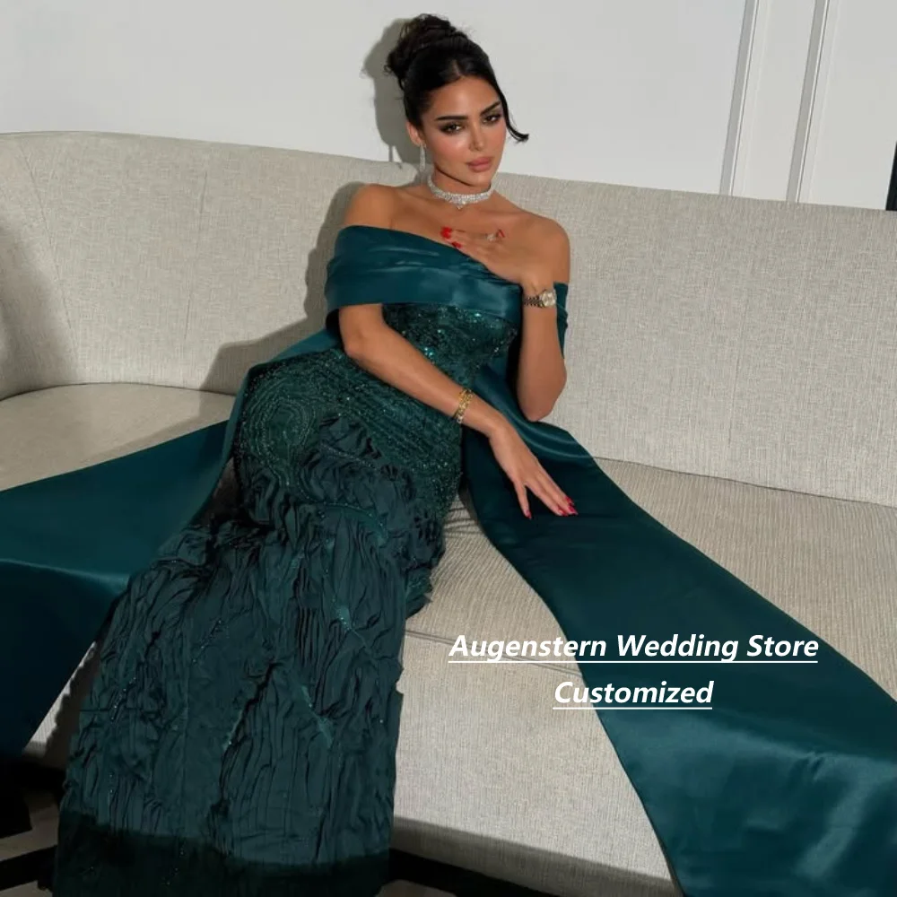 Customized Emerald Green Off Shoulder Mermaid Mother Of The Bride Gown Satin Sequins Wedding Guest Formal Party Plus Size