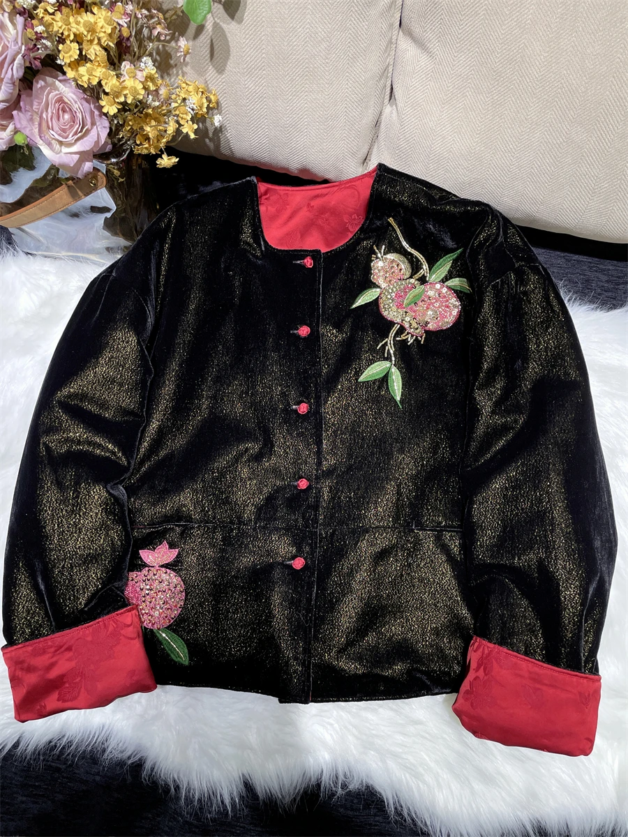

New Chinese Style Embroidered Double-sided Wear Gold Velvet Cotton Jacket Thickened Cotton Padded Outerwear round Neck Single...