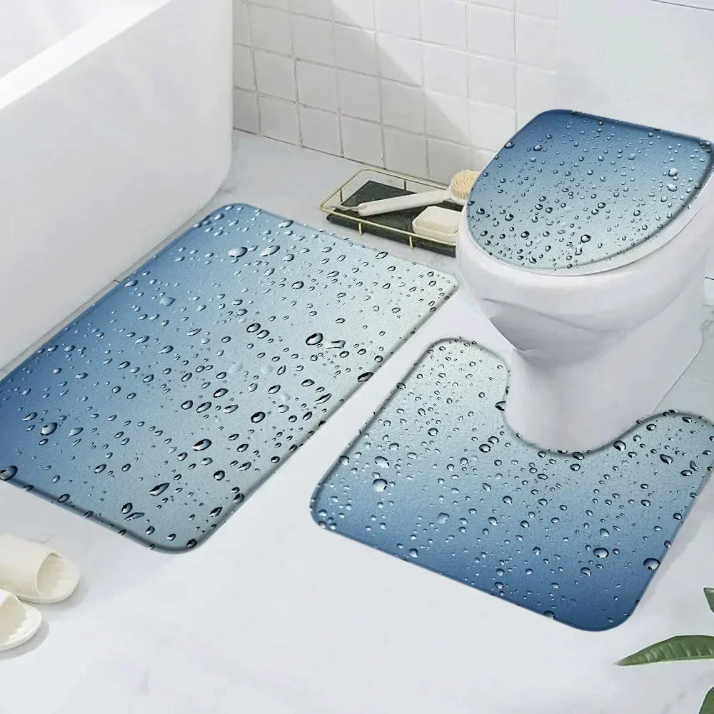 3Pcs Raindrop Bubble Bath Mat Water Drops Blue Background Modern Creative Raining Rainbow Rug Bathroom Decor Rugs Toilet Cover